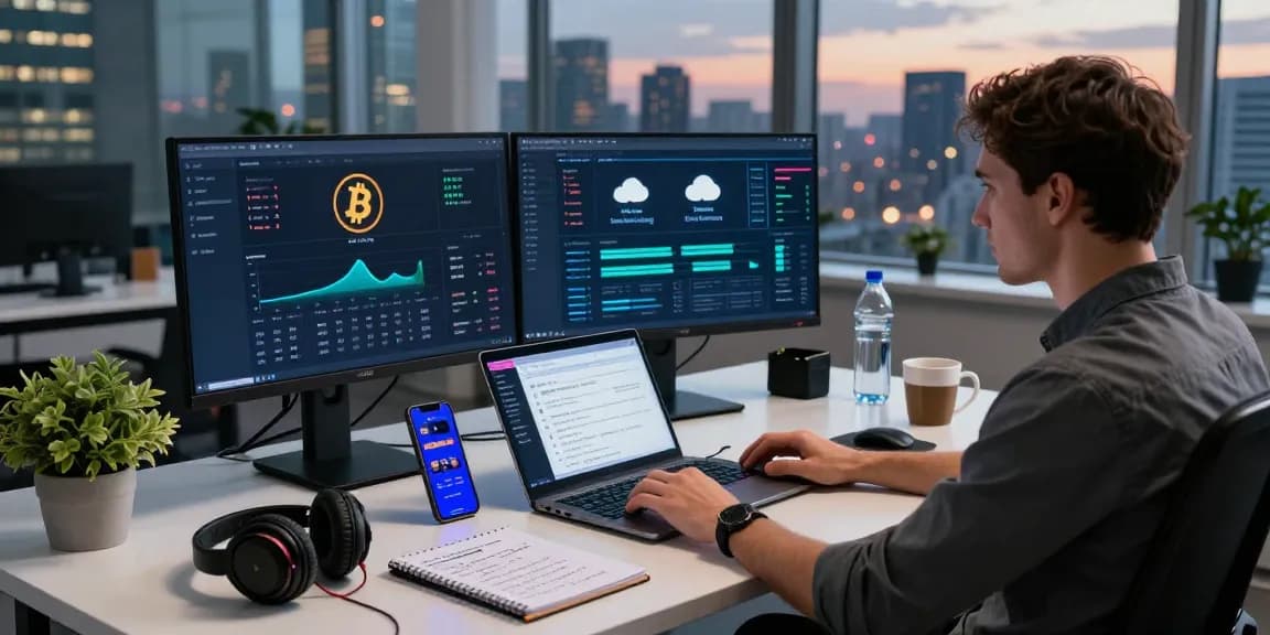 Cloud mining company workspace showing monitors with Bitcoin statistics, digital wallet on laptop, and trading tools.