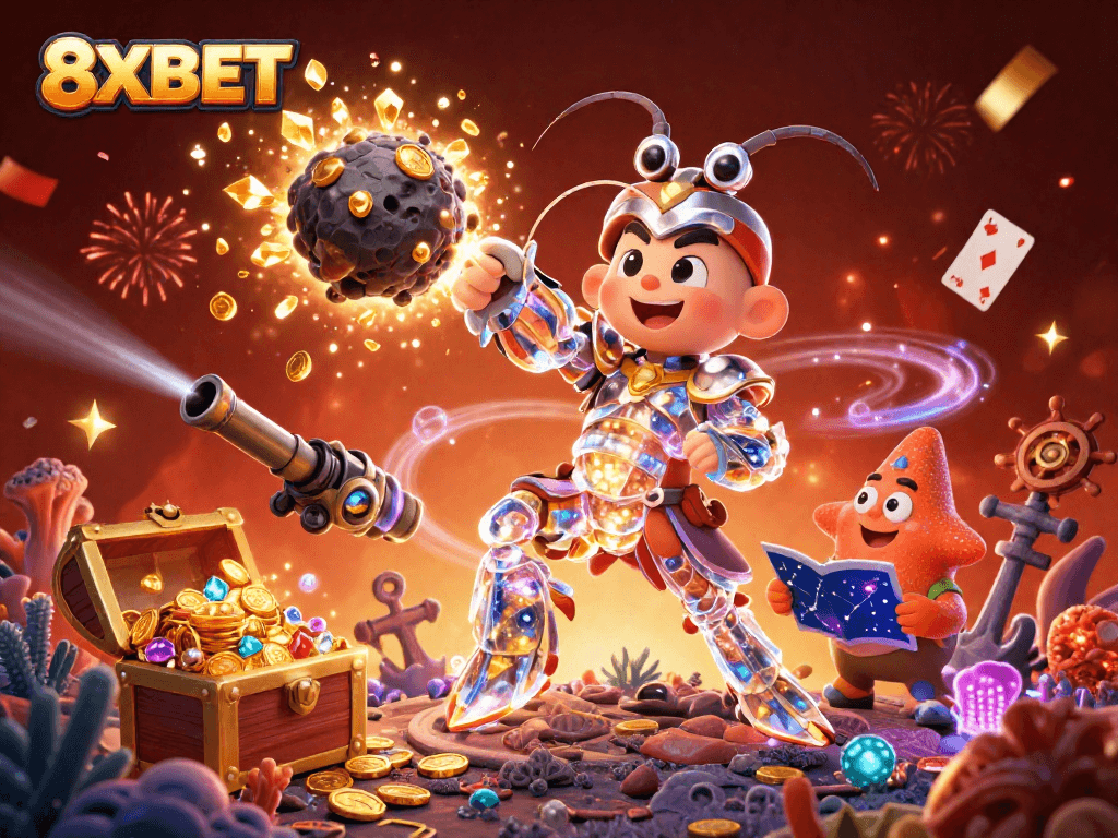 Experience thrilling gameplay with 8XBET's underwater treasure as characters interact with winning gems and coins.