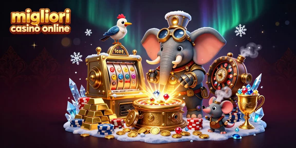 Illustrazione 3D coinvolgente di migliori casinò online con un elefante steampunk e una macchina da gioco dorata.