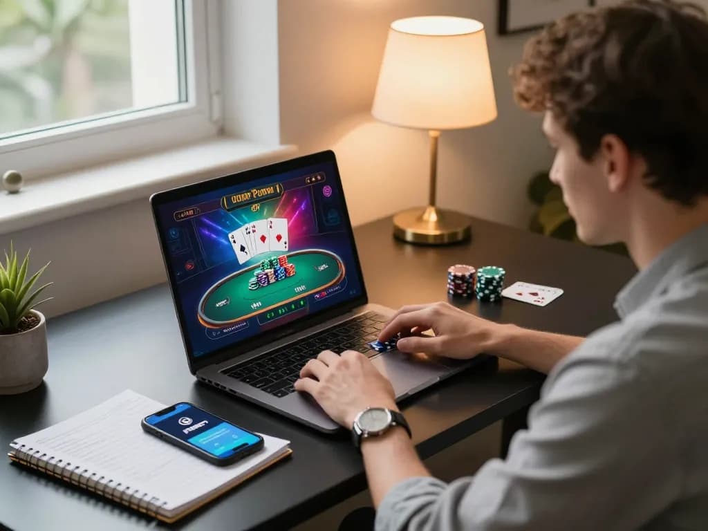 Person enjoying an engaging F8BET poker game on a laptop at home with strategic notes.