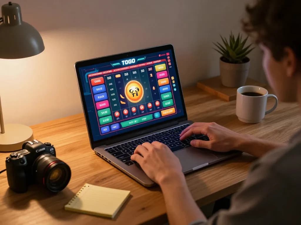 Bermain toto togel di laptop di rumah, menggambarkan perjudian online yang strategis.