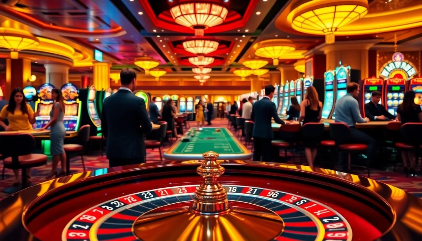 Engaging scene of online casinos in Canada with players at roulette and slot machines.