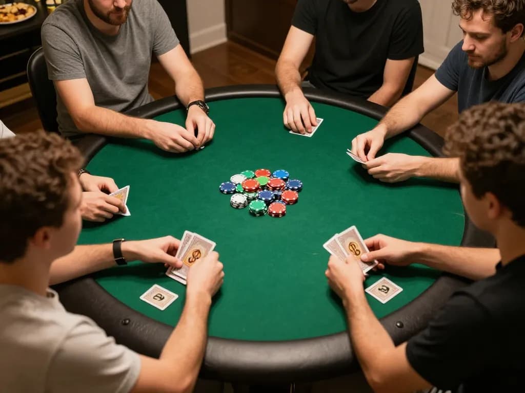 Players engaging in an exciting home poker game with chips and cards at a friendly gathering, showcasing w 88 gaming atmosphere.