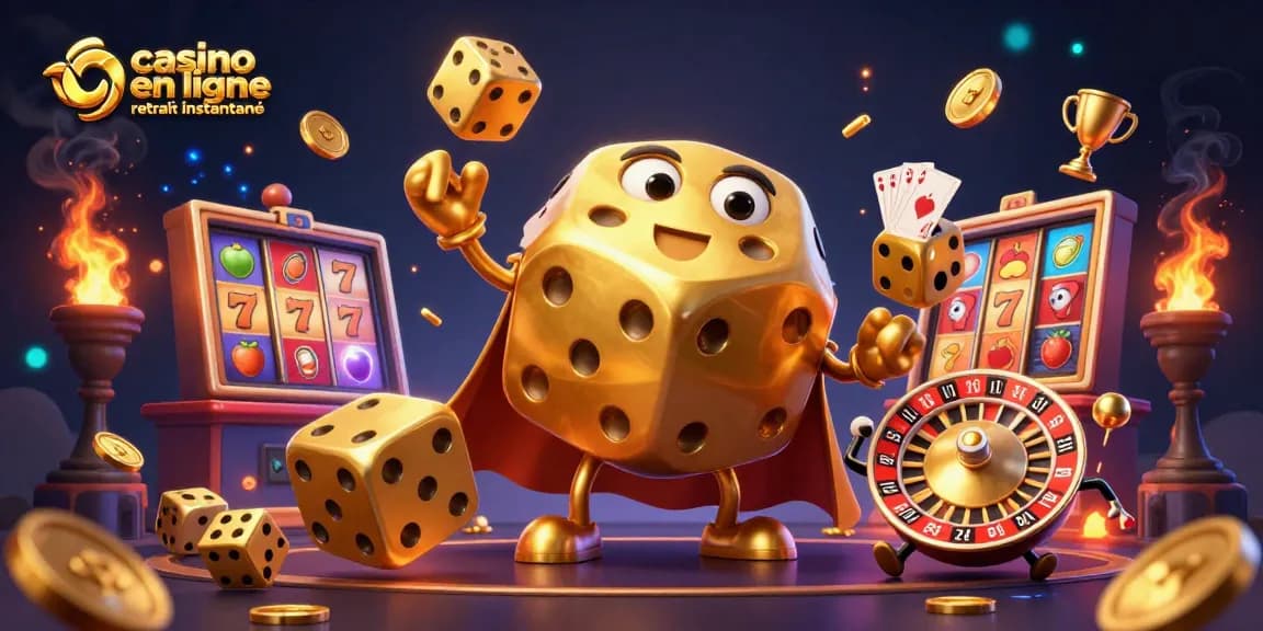 Jouer au casino en ligne retrait instantané avec des personnages de dés et éléments de jeux dynamiques.