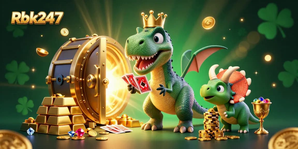 Engage with Rbk247's exciting card game scene featuring T-Rex and friends amidst treasure.