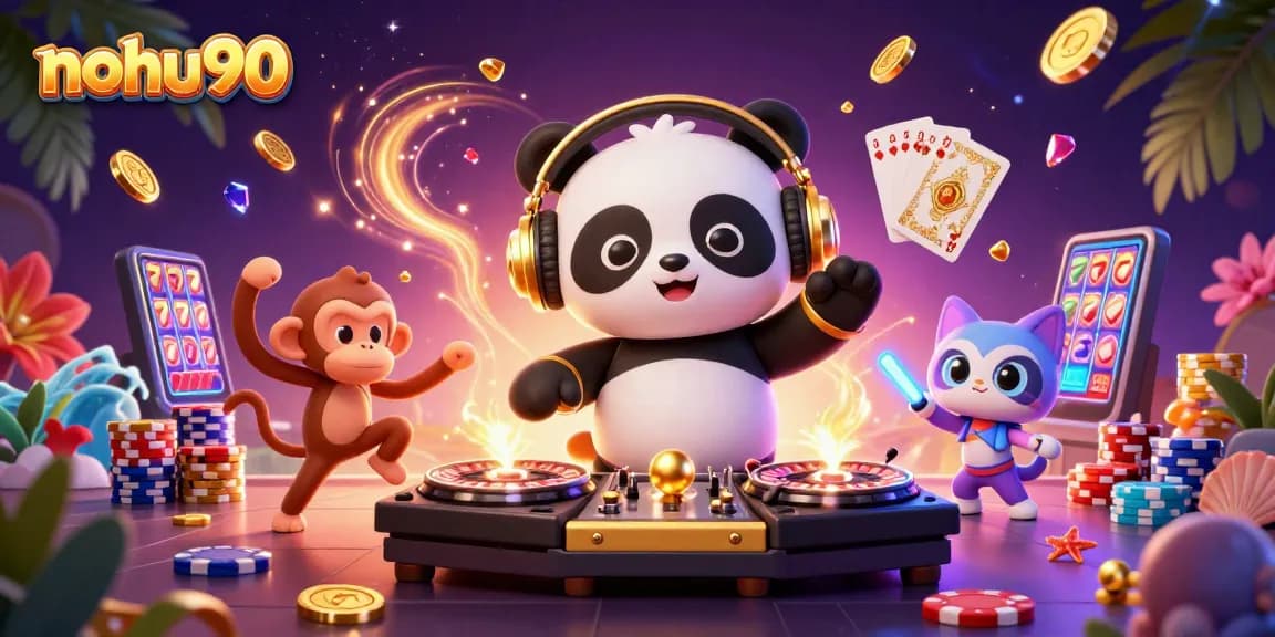 Nohu90 engaging in vibrant casino fun with a DJ panda, breakdancing monkey, and rave kitten.