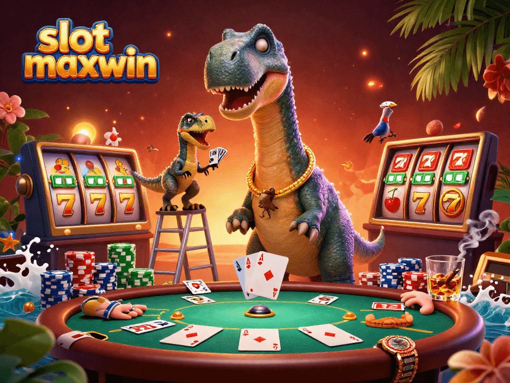 Engaging slot maxwin scene with a dinosaur and raptor at a poker table filled with gambling excitement.