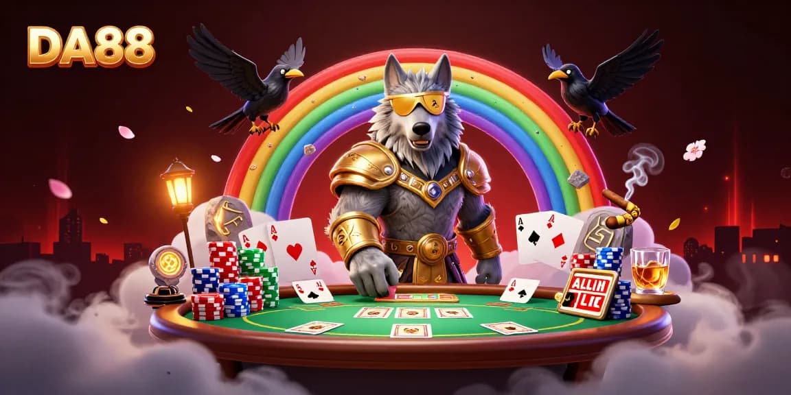 Engage in thrilling casino gameplay with DA88 characters amidst vibrant poker elements.