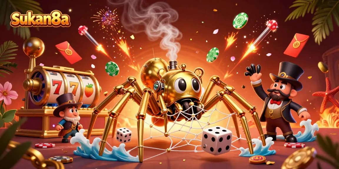 Sukan8a showcases a captivating steampunk spider webbing poker chips and dice in a lively casino atmosphere.