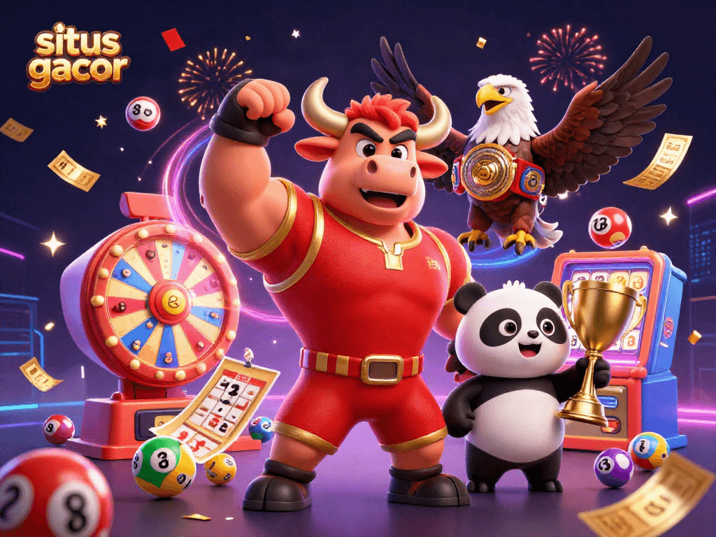 Win big with situs gacor as the energetic bull mascot celebrates alongside a triumphant eagle and panda.