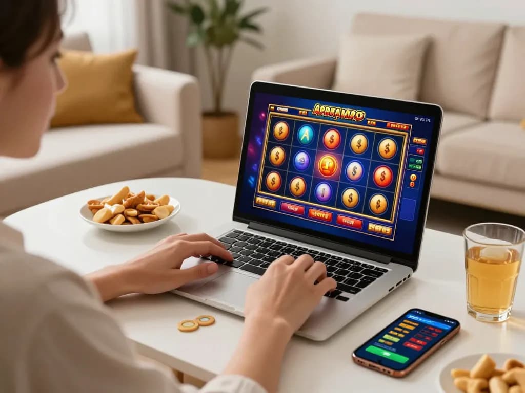 Engaging in online casino gameplay with link gacor at home, showcasing colorful slot interface on laptop.