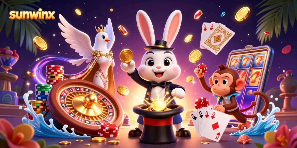 Experience thrilling moments with sunwinx as a magician rabbit pulls coins from a hat in a vibrant casino scene.