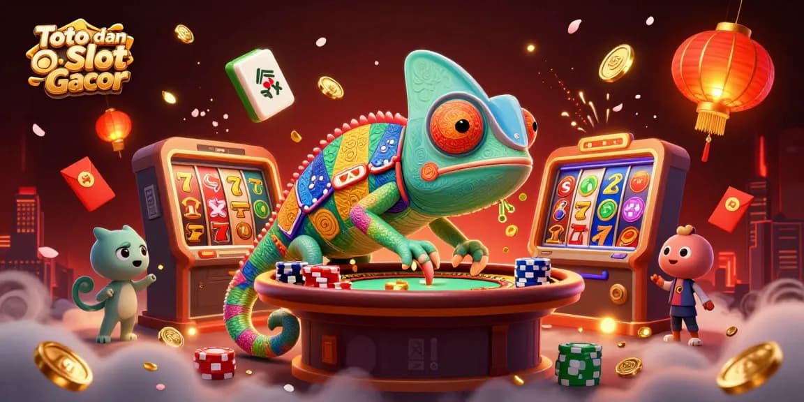 Toto dan Slot Gacor illustrated scene showcasing a vibrant chameleon casino owner amidst dynamic slot game elements.