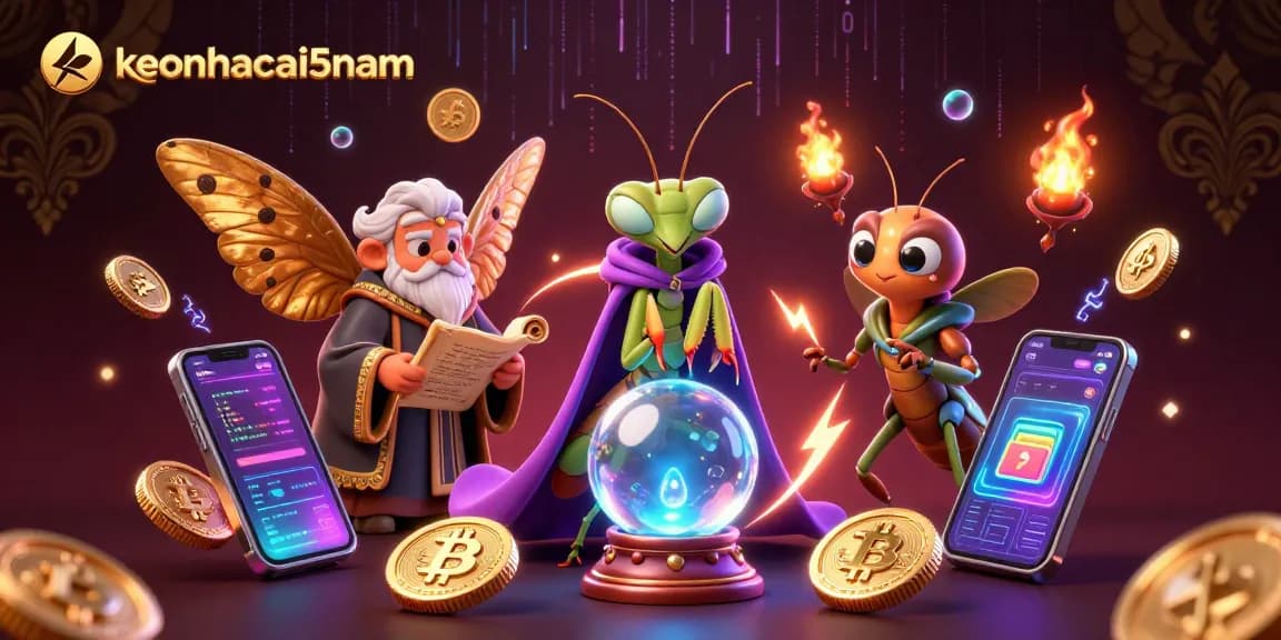 Engage with keonhacai5nam's mystical elements featuring a fortune teller, moth librarian, and crypto symbols.