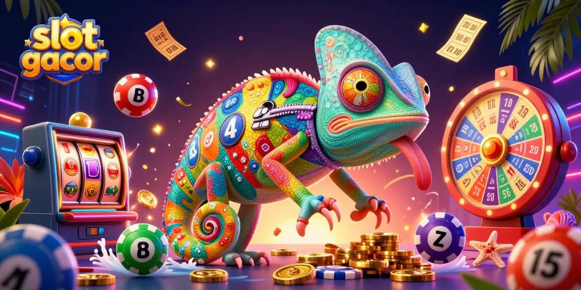 Engage with the vibrant slot gacor scene featuring a chameleon casino owner amidst gaming excitement.
