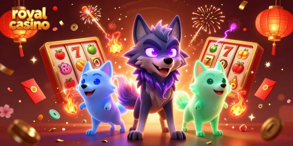 Experience the excitement of royal casino with vibrant 3D slot reels and animated characters in this dynamic illustration.