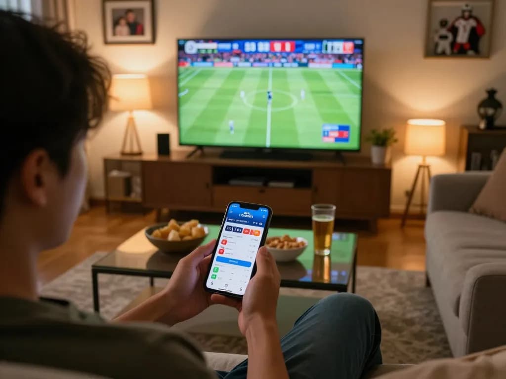 Bola Online betting app used while watching a live football match at home