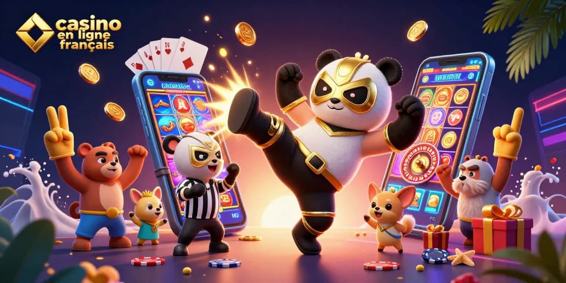 Illustration dynamique de casino en ligne français mettant en scène un panda luchador réalisant un coup de pied spectaculaire.