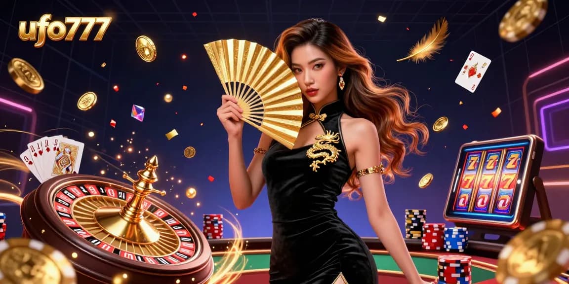 Experience the excitement of ufo777 as vibrant coins and gems fly from a stunning dealer in a digital casino.