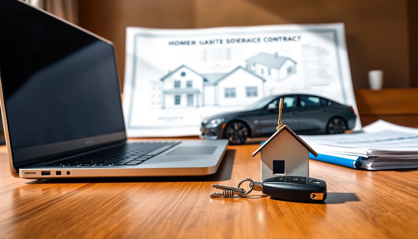 Explore extended warranty for cars and homes with detailed service contracts on a desk