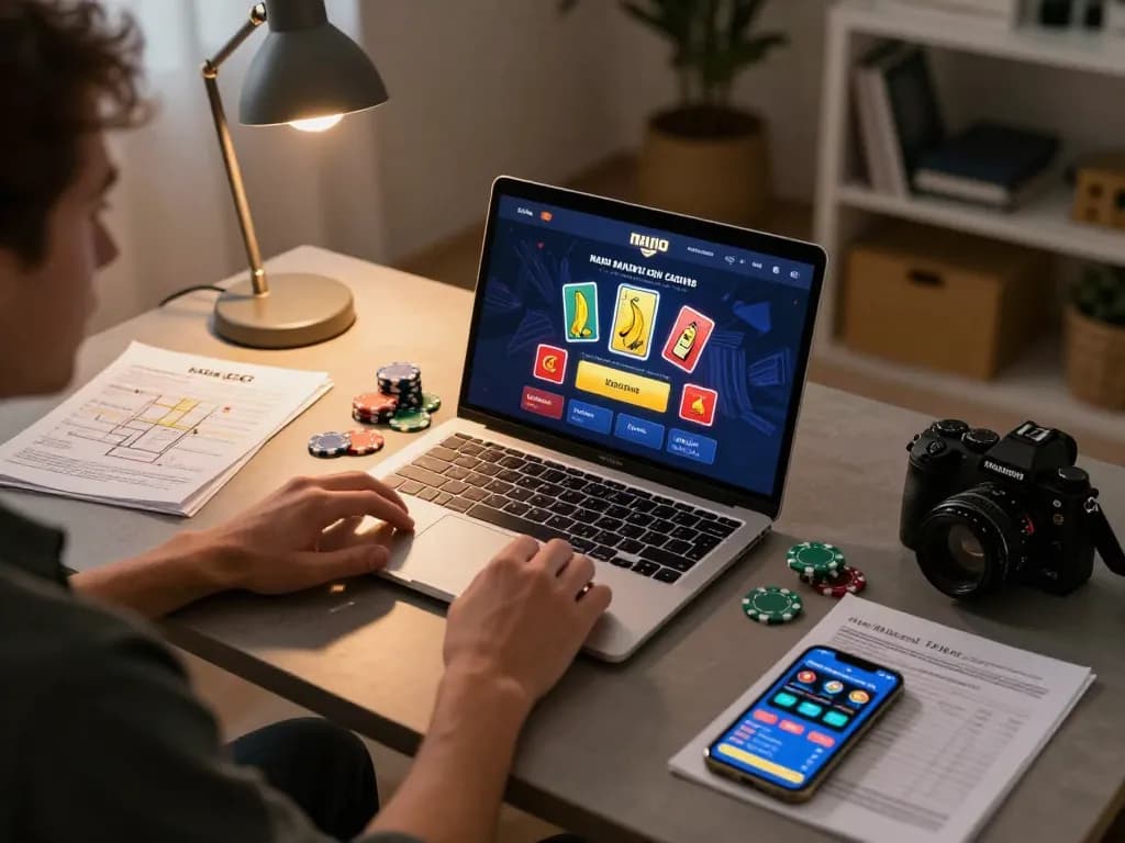 Player utilizing the nano banana flash app for online gaming, chips and cards visible in vibrant home setup.
