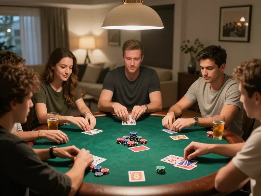 Friends enjoying a lively poker night at home while strategizing their bets at J188.