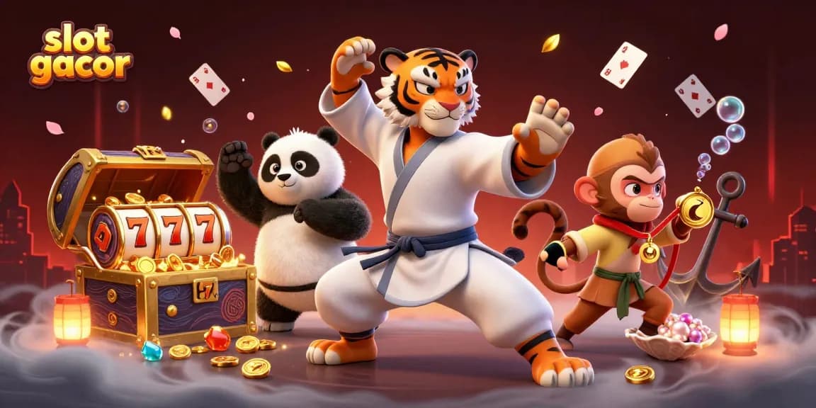 Melihat slot gacor dengan singa kung fu, panda, dan monyet di ilustrasi kasino 3D yang megah.