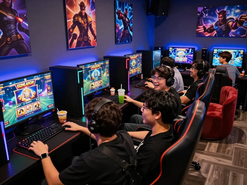 SeKelompok gamer menikmati permainan situs slot gacor di ruang santai yang penuh warna.