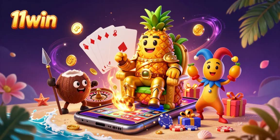 Engage with 11win's vibrant casino scene featuring a golden pineapple king, dynamic slot games, and immersive beach elements.