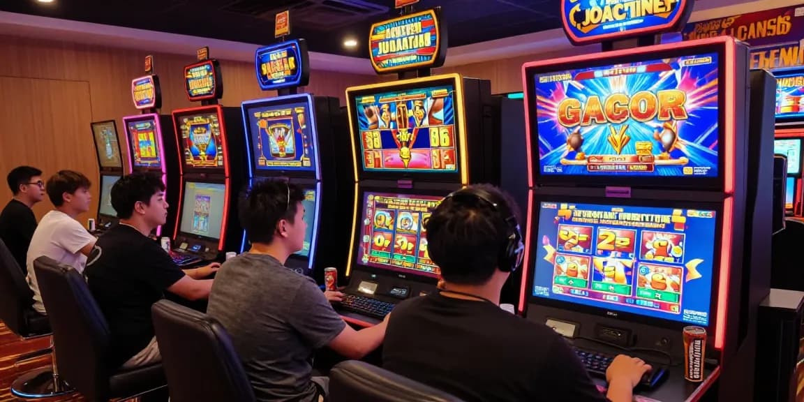 Players engaging with slot gacor games in a vibrant online casino setting, showcasing excitement and modern technology.