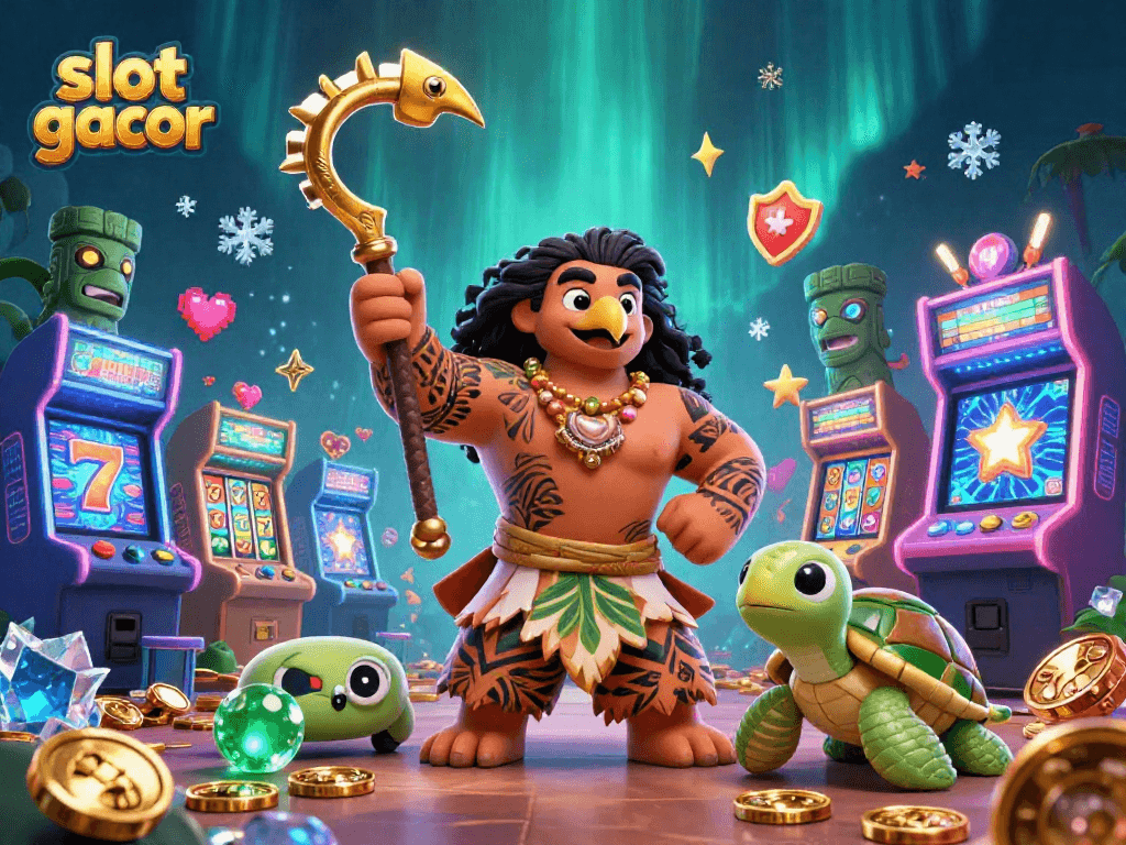 Karakter utama slot gacor dengan gulungan slot dan simbol keberuntungan yang menyala.