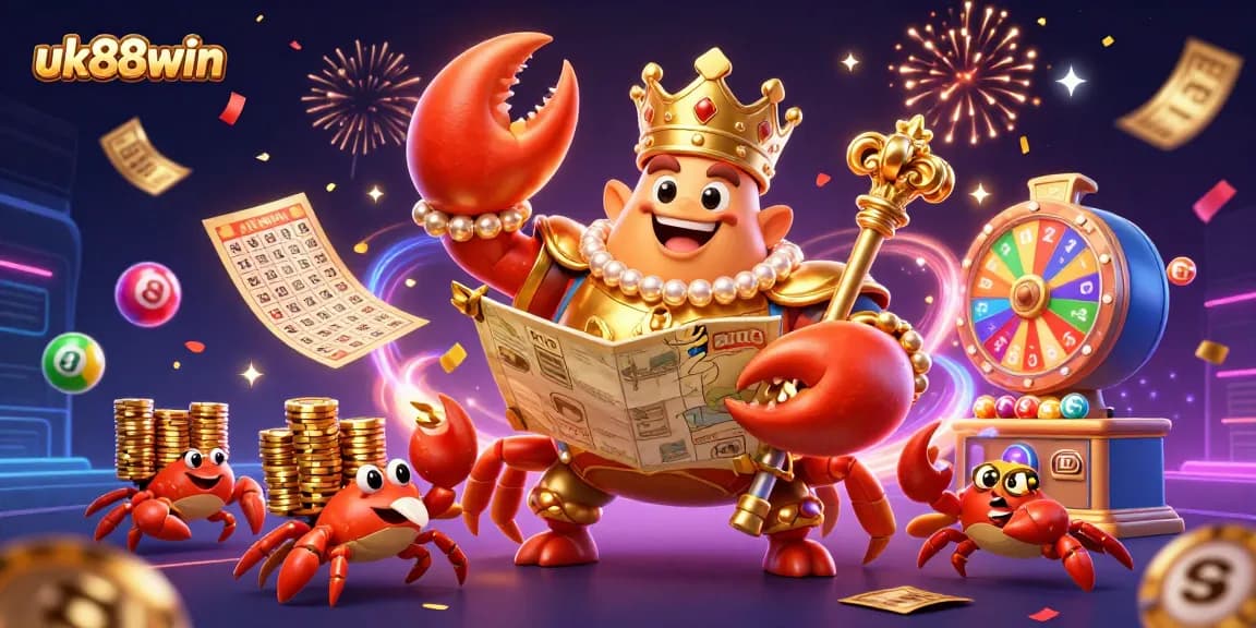 Join the excitement with uk88win's vibrant lottery scene featuring a regal crab emperor!