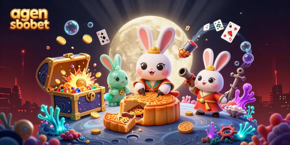 A captivating scene showcasing agen sbobet with a moon rabbit creating golden mooncakes revealing poker chips amidst a lively casino atmosphere.