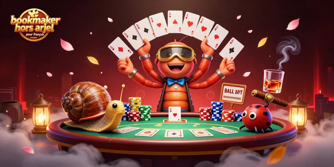 Jouer avec des bookmakers hors ARJEL pour les Français, à une table de poker animée et colorée.