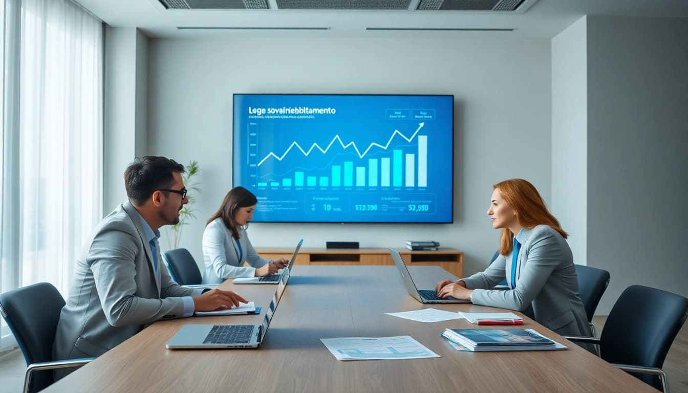Discussione sulla Legge sul sovraindebitamento in un contesto d'ufficio professionale con grafici e documenti finanziari.