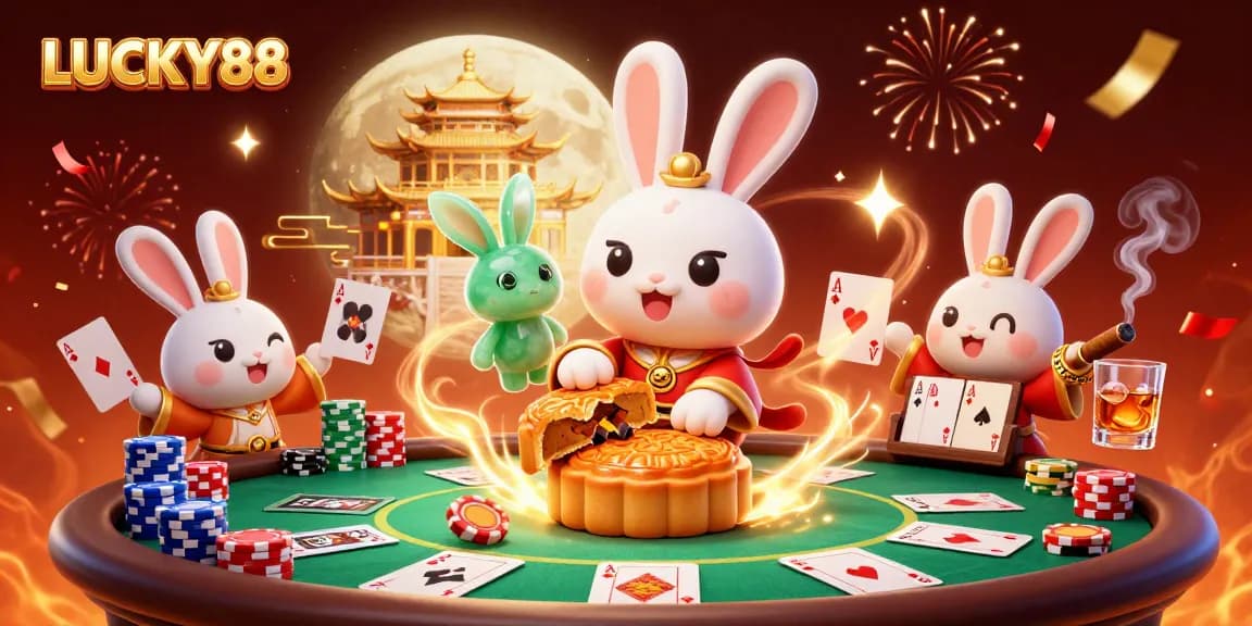 Experience LUCKY88 as the moon rabbit reveals poker chips from mooncakes in this festive casino scene.
