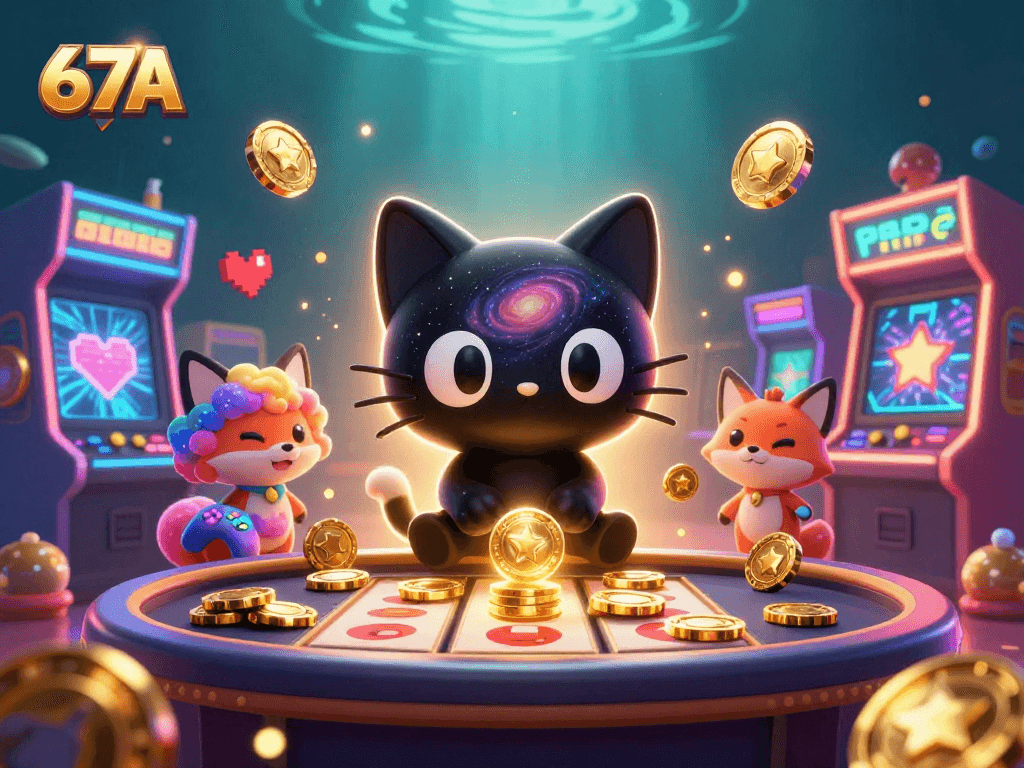 67A destaca uma cena vibrante de slots com um gato espacial e uma raposa nebulosa.