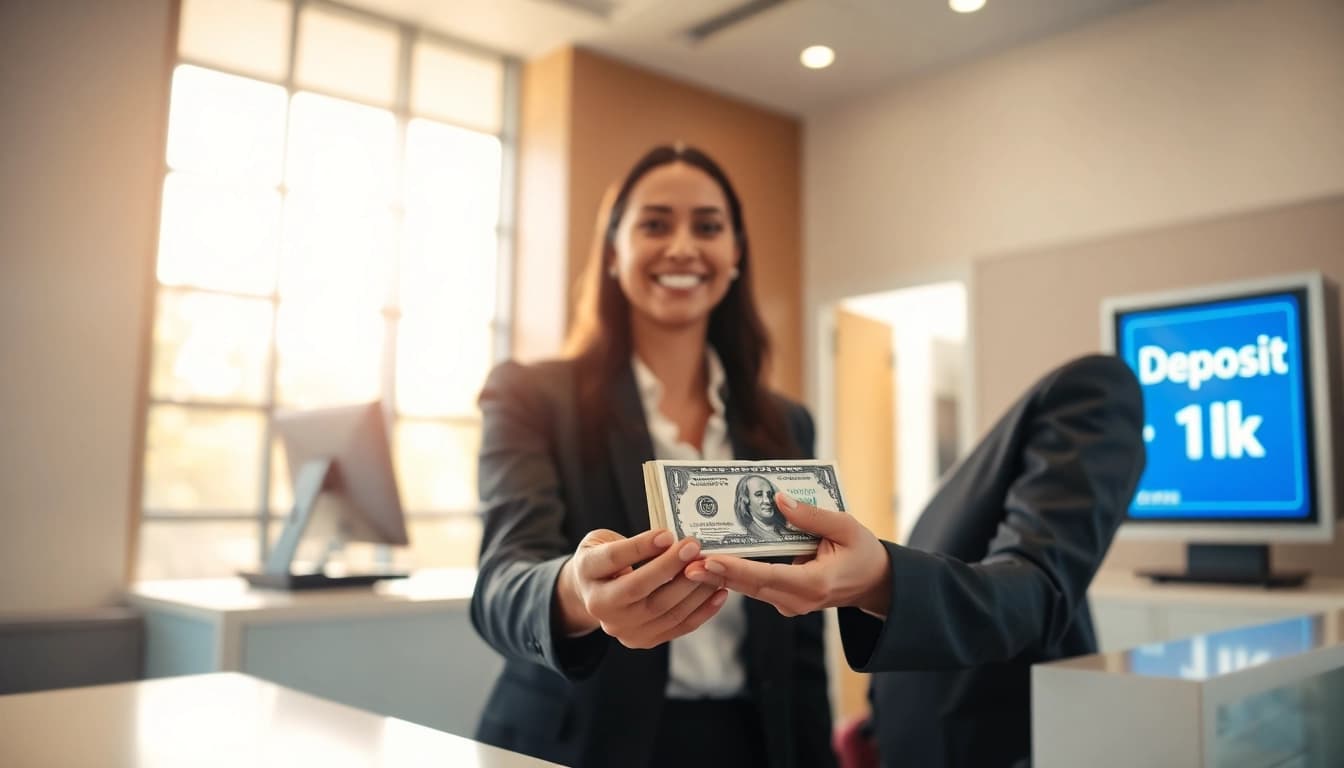 Menyetorkan deposit 1k di bank oleh petugas teller yang ramah.