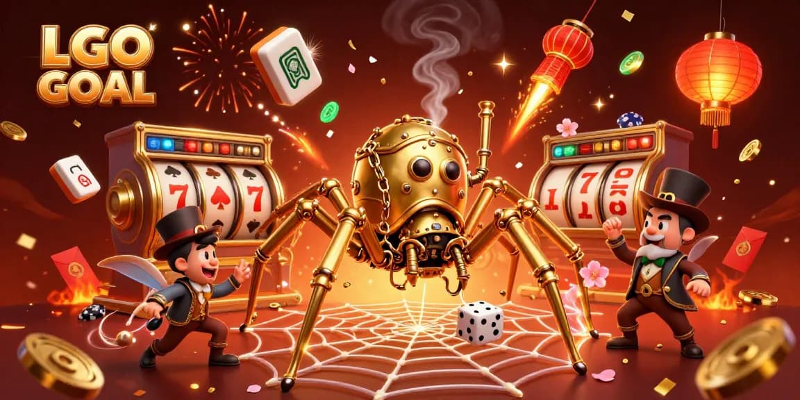 Engaging 3D illustration of LGO GOAL showcasing a steampunk spider amidst vibrant casino elements.