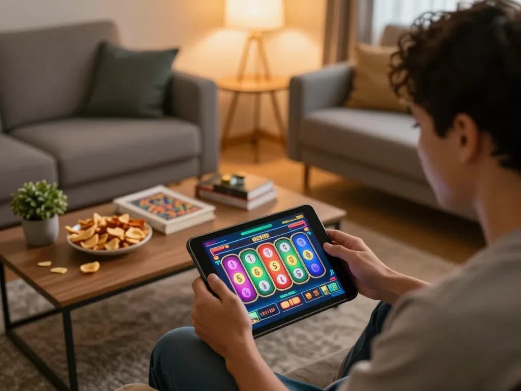 Player enjoying situs slot online with spinning reels on tablet in cozy home setup.