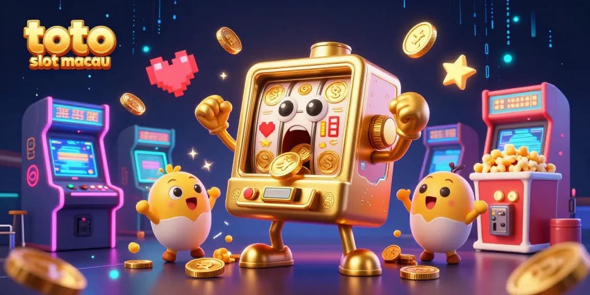 Toto slot macau showcases a vibrant golden slot machine hitting a jackpot amidst cheering baby slots and game elements.