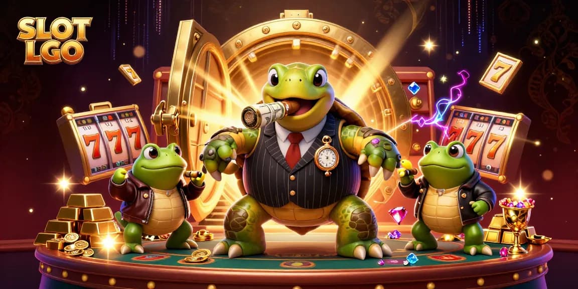 Spin the reels of SLOT LGO while treasures burst forth from a golden vault in this vibrant casino scene.