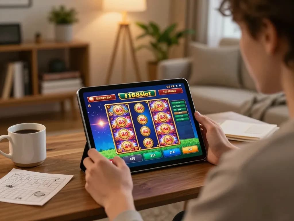 Engaging with f168slot platform on tablet in a cozy living room for responsible gaming experience.