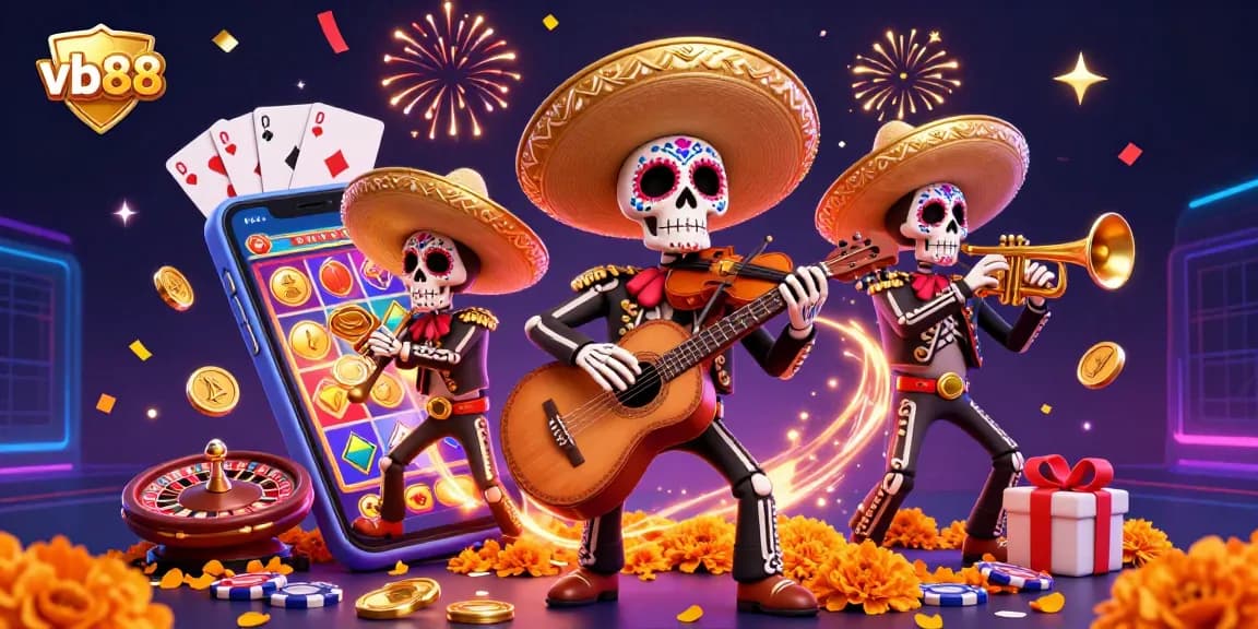 Play vibrant games with vb88 in a festive scene featuring mariachi skeletons and dynamic casino elements.