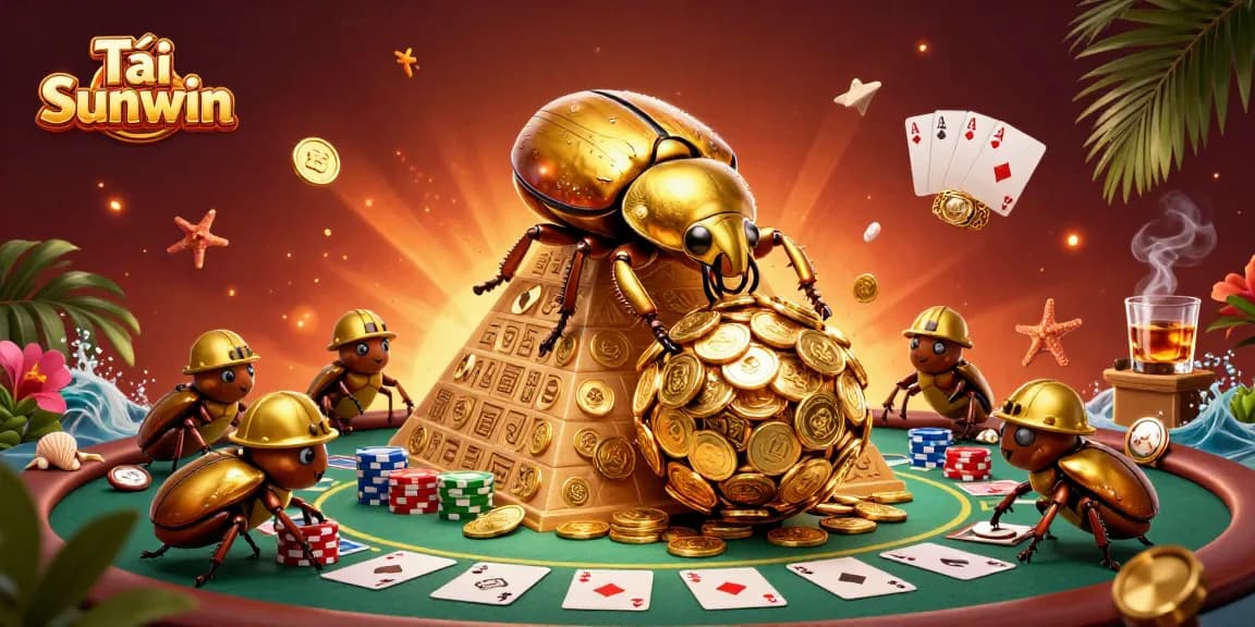 Tải Sunwin showcases a vibrant scene with a golden beetle and poker elements, capturing casino excitement.