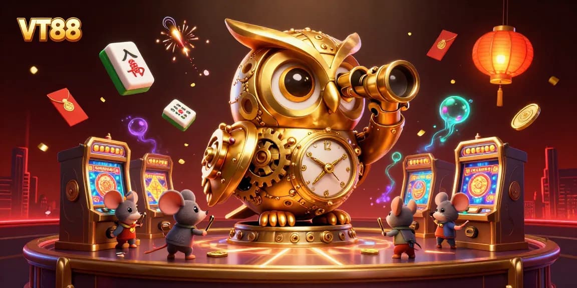 Players enjoy thrills with VT88's captivating golden owl and lively casino scene, featuring mahjong tiles and lucky coins.