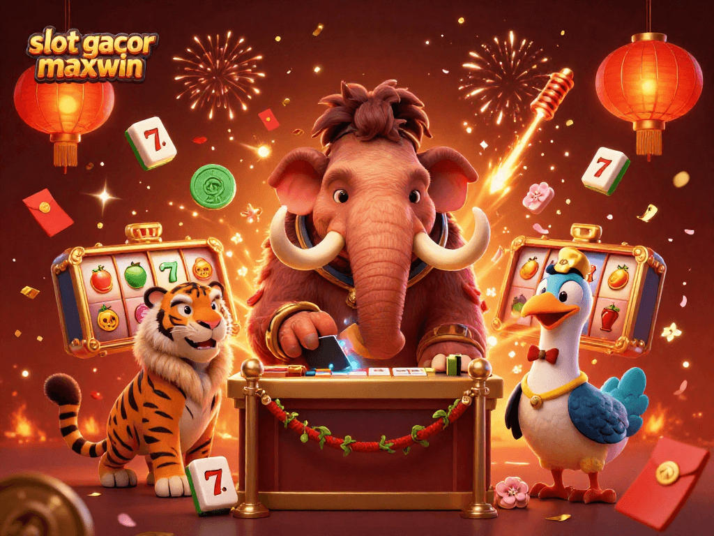 Menguji slot gacor maxwin dengan bouncer mamut berbulu dan tamu VIP di kasino penuh warna.