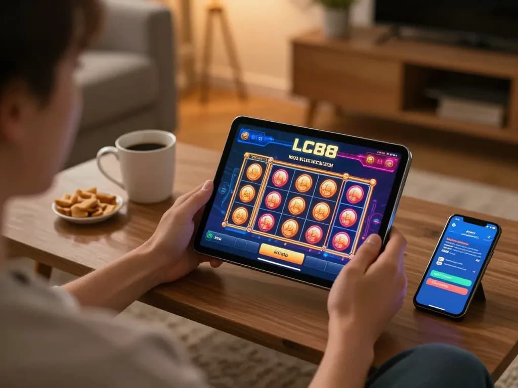 Engaging gameplay on the lc88 app showcasing online casino features in a cozy home setting