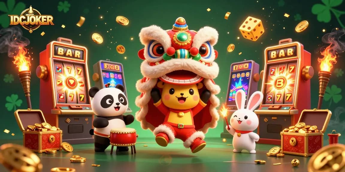 IDCJOKER showcases a vibrant celebration with a lion dance, jackpot slot machines, and festive casino elements.