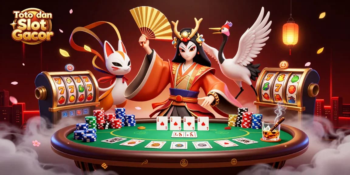 Toto dan Slot Gacor scene showcasing a kabuki warrior with colorful poker elements and lively slot features